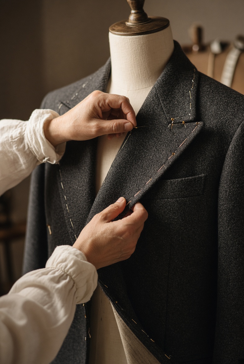 Hands pinning a jacket lapel on a dress form