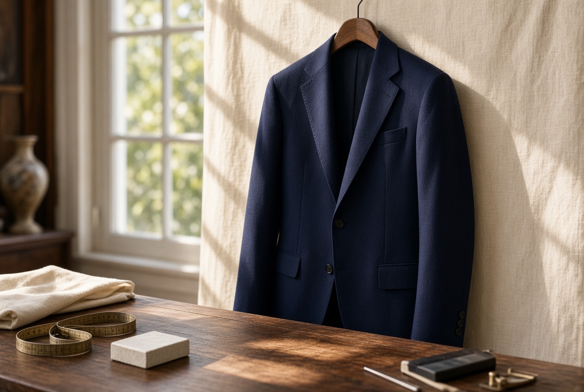 Navy tailored jacket hanging in the atelier